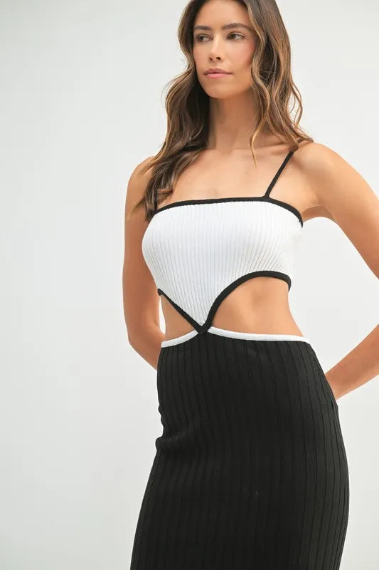 MABLE Ribbed Knit Color Block Cutout Midi Dress 