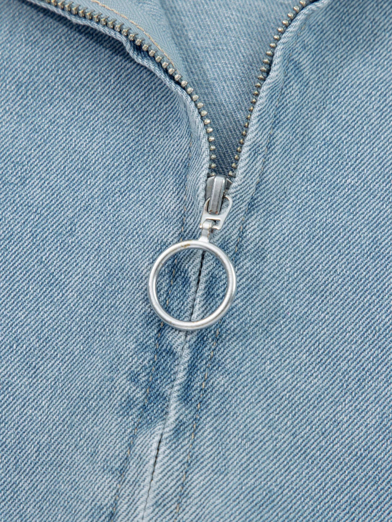 Elastic Edge Collared Zip Up Denim Jacket With Pocket 