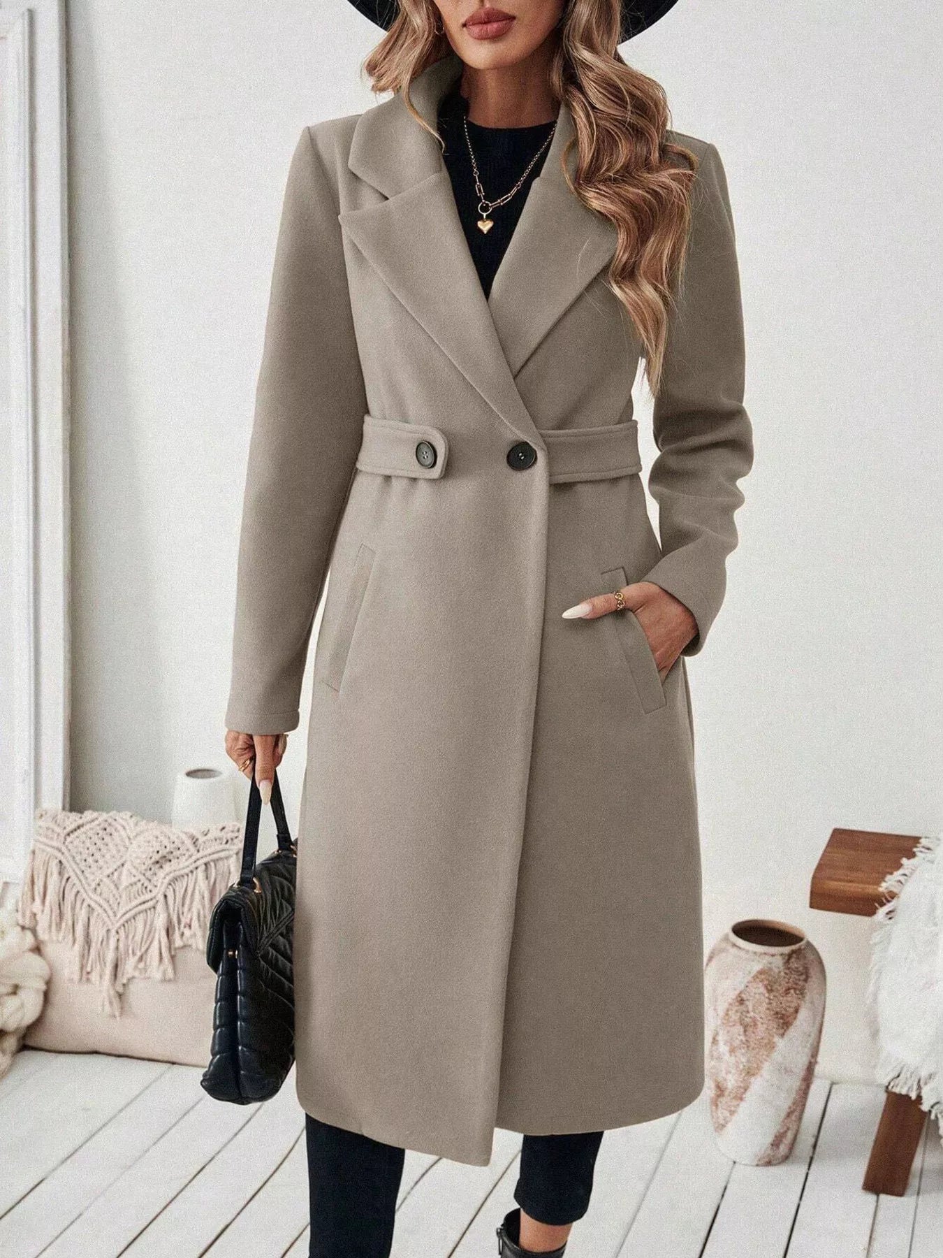 One Button Wool Blend Overcoat 