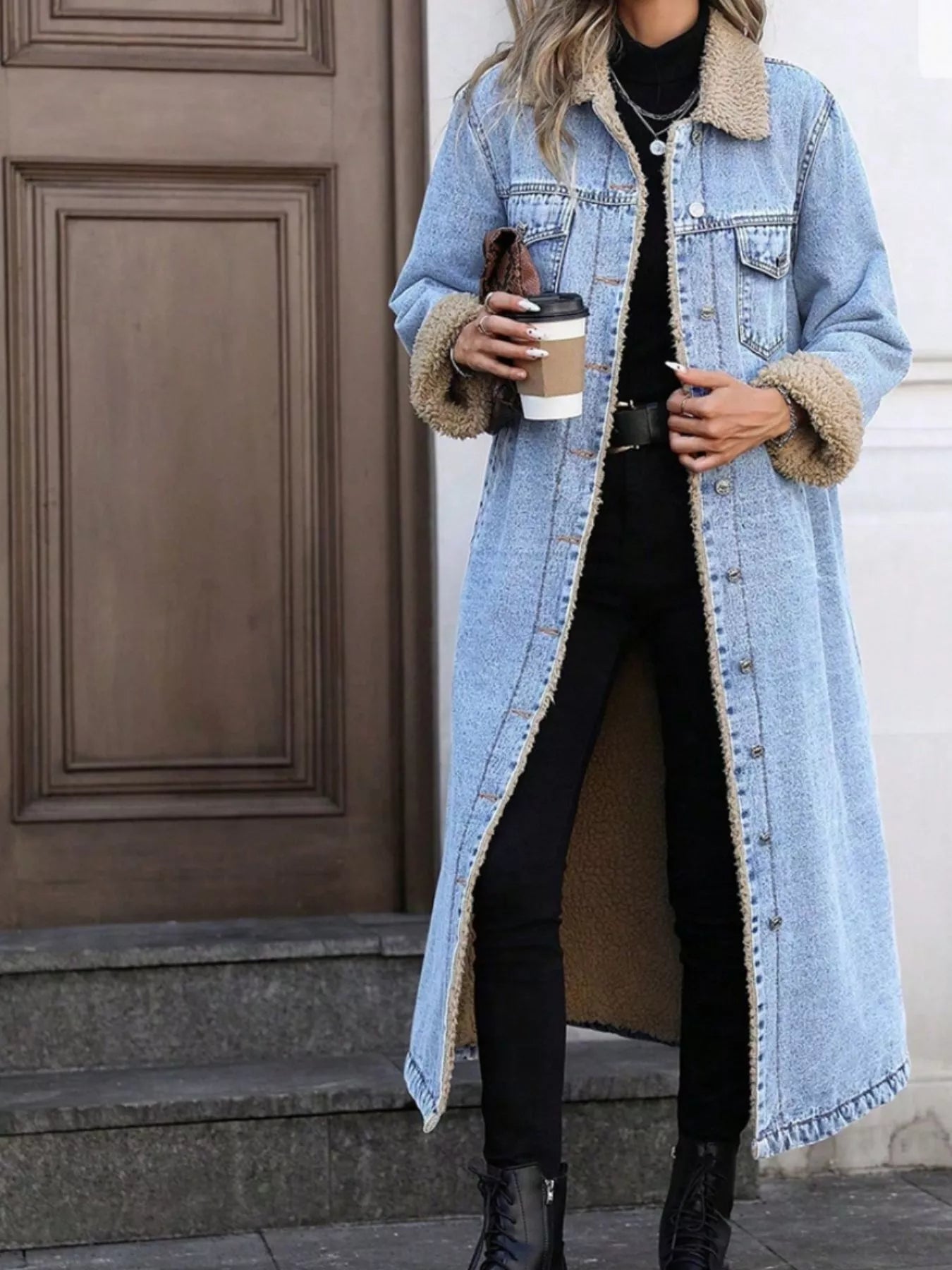 Sherpa Lined Longline Denim Jacket 