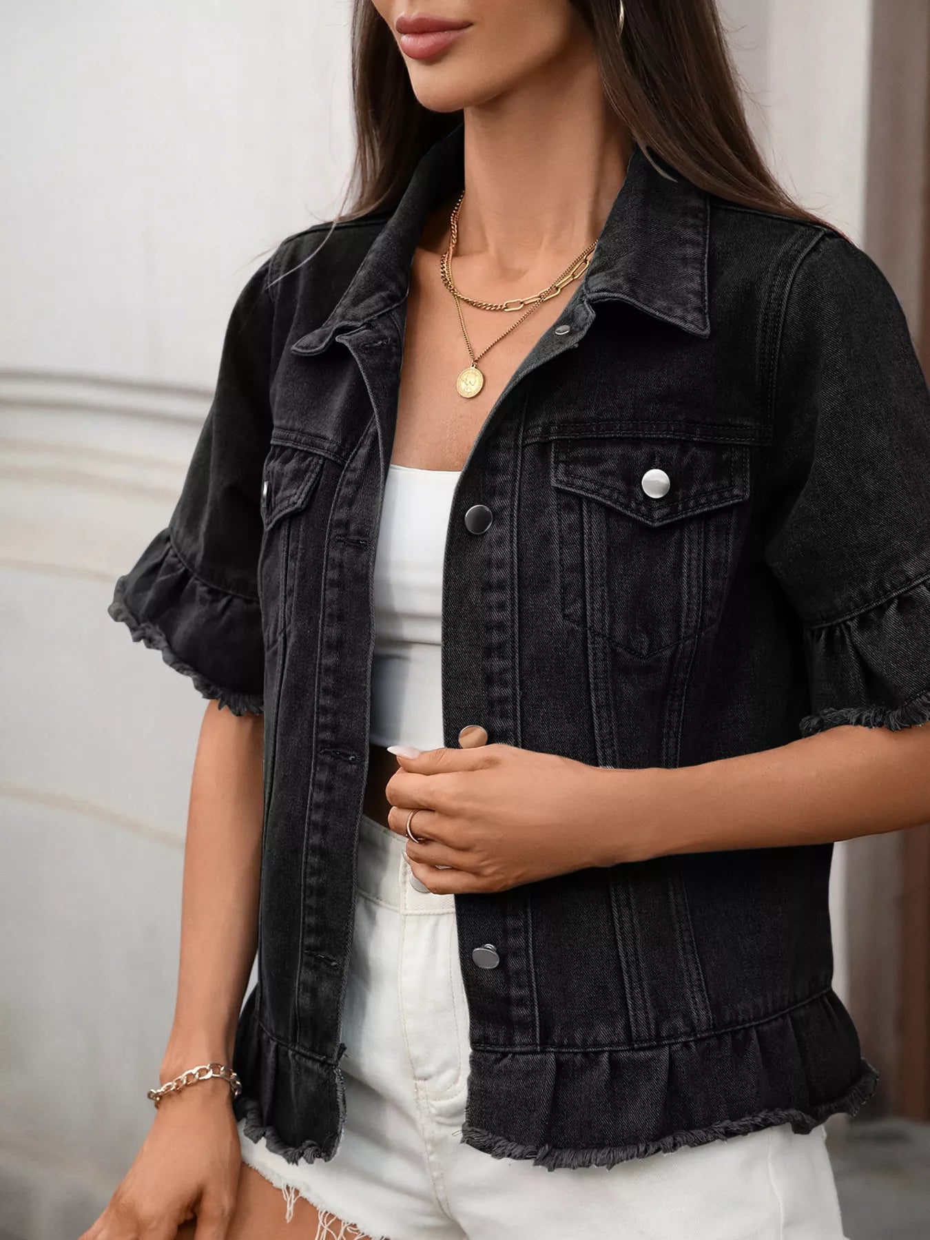 Raw Hem Button Up Denim Jacket 