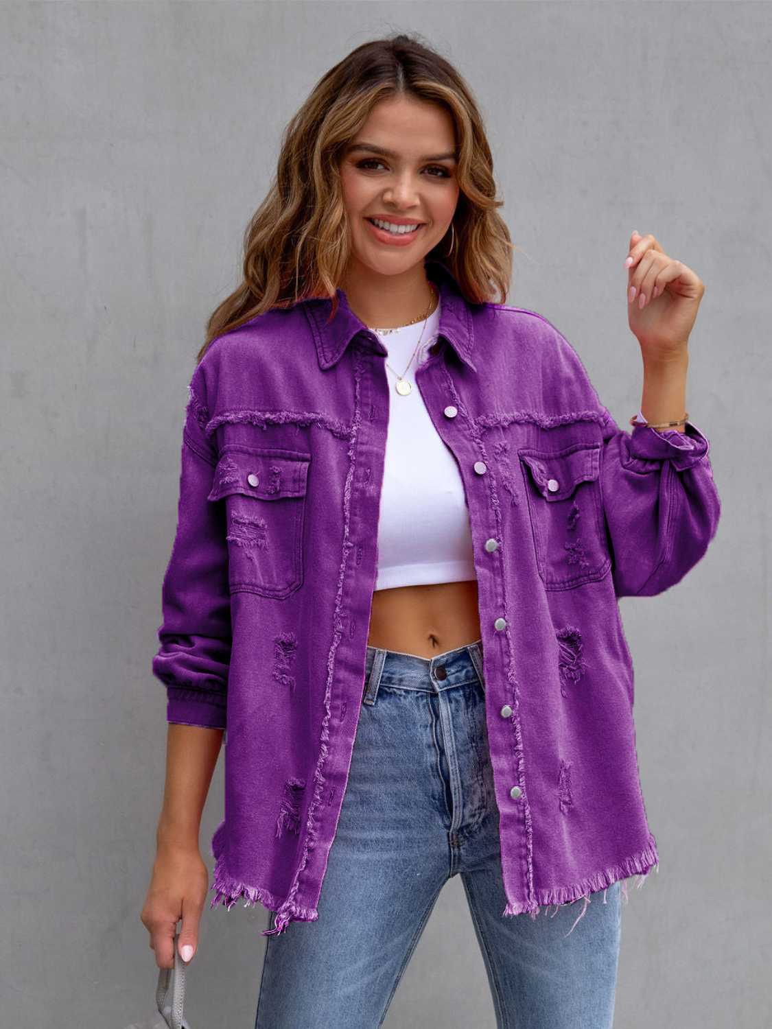 Distressed Drop Shoulder Denim Jacket 
