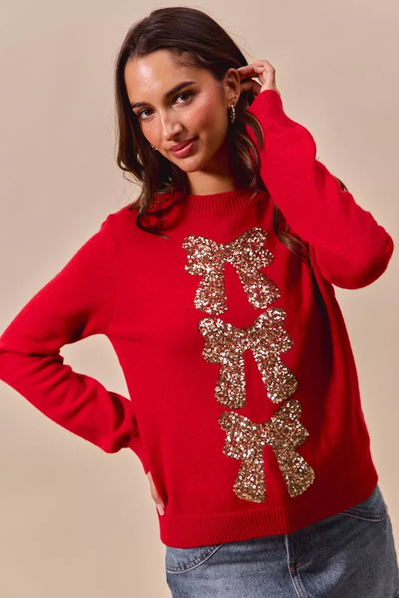 SO ME Sequins Bow Ribbon Embellished Christmas Sweater 