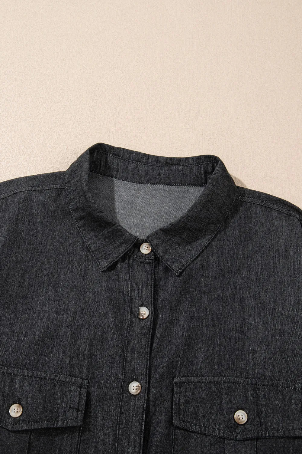 Pocketed Collared Neck Long Sleeve Denim Top 