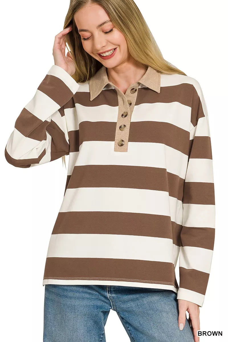 Zenana Striped Contrast Collar Polo Tee 