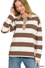 Zenana Striped Contrast Collar Polo Tee 