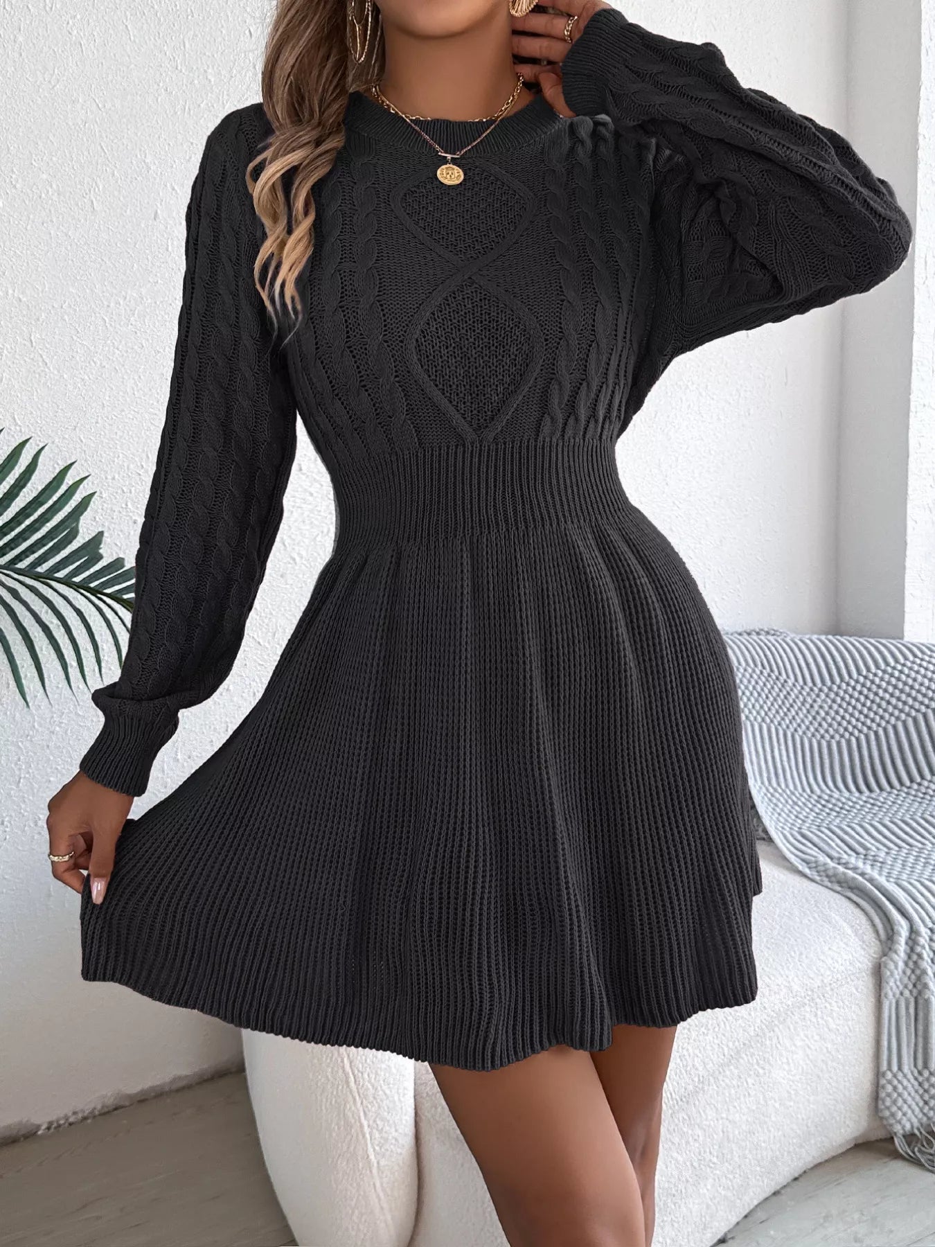 Cable Knit Long Sleeve Sweater Dress 