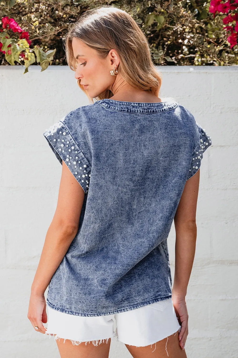 Pearl Trim Round Neck Cap Sleeve Denim Top 
