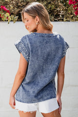 Pearl Trim Round Neck Cap Sleeve Denim Top 