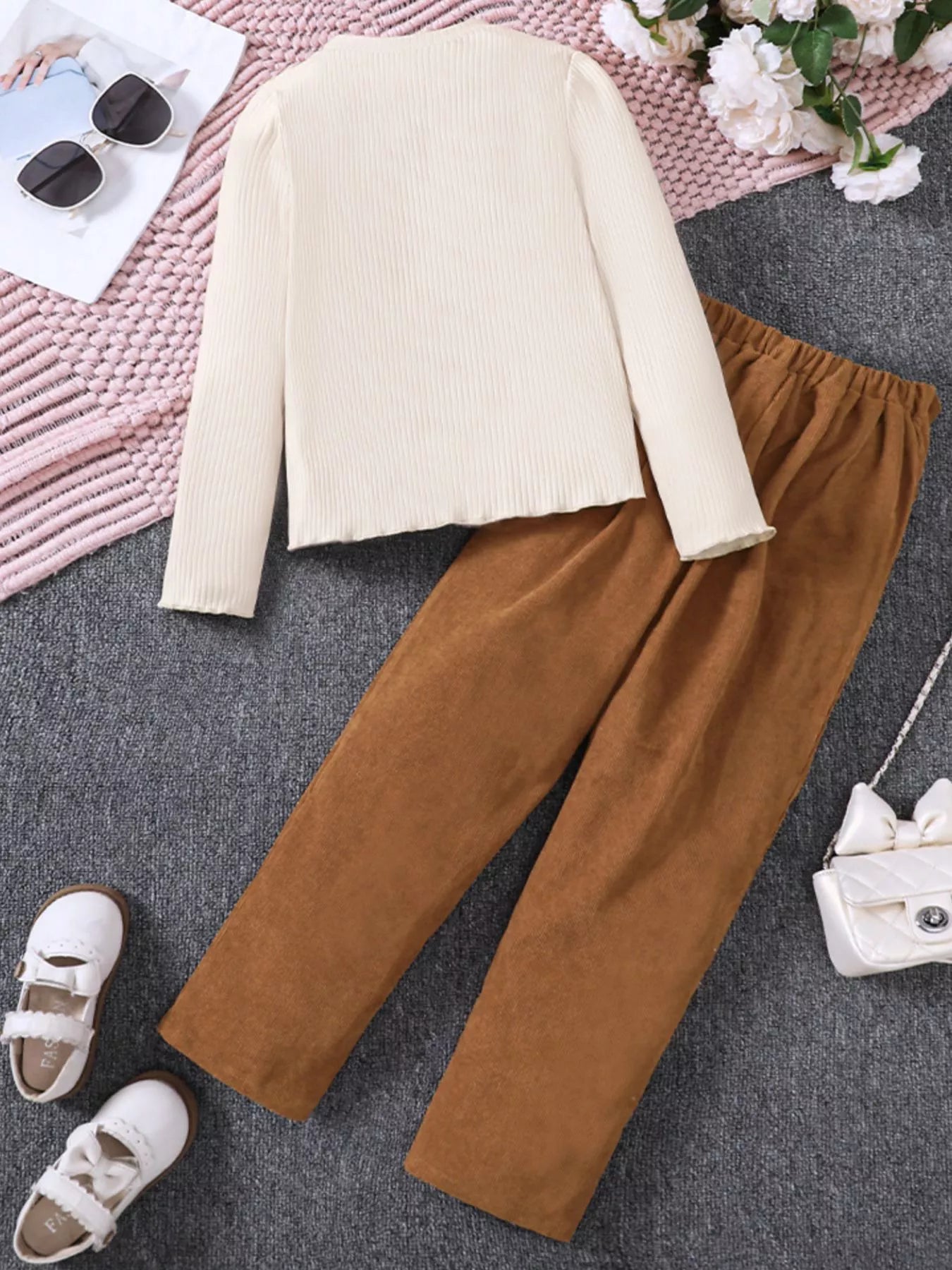 Children's Ruffle Trim Ribbed Top & Corduroy Pants Set 