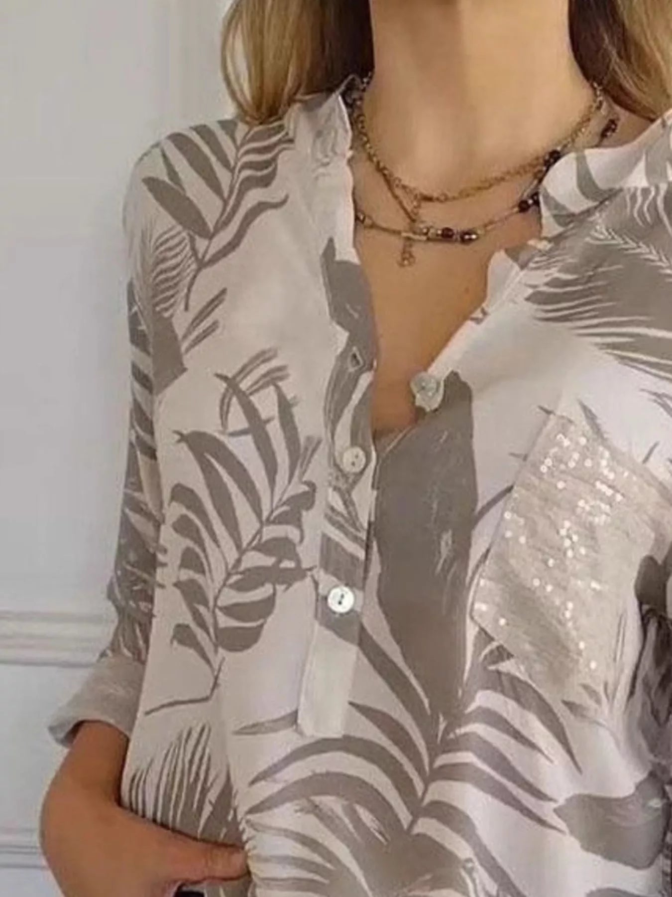 Full Size Printed Button Detail Long Sleeve Blouse Plus Size 