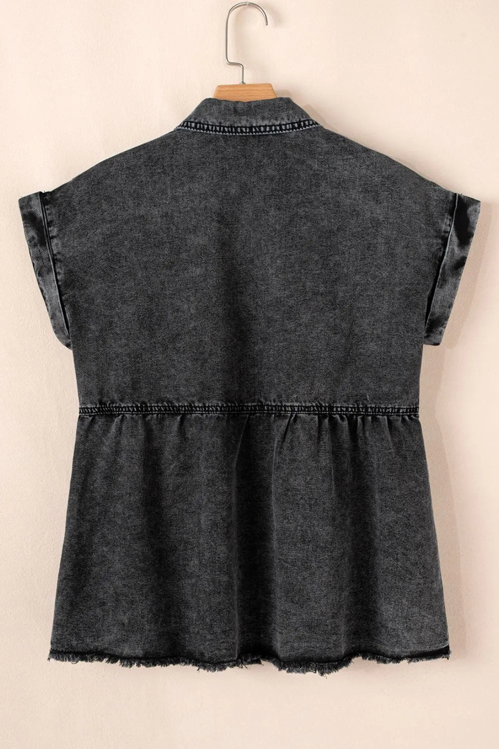 Short Sleeve Flap Pocket Button Up Raw Hem Denim Shirt 