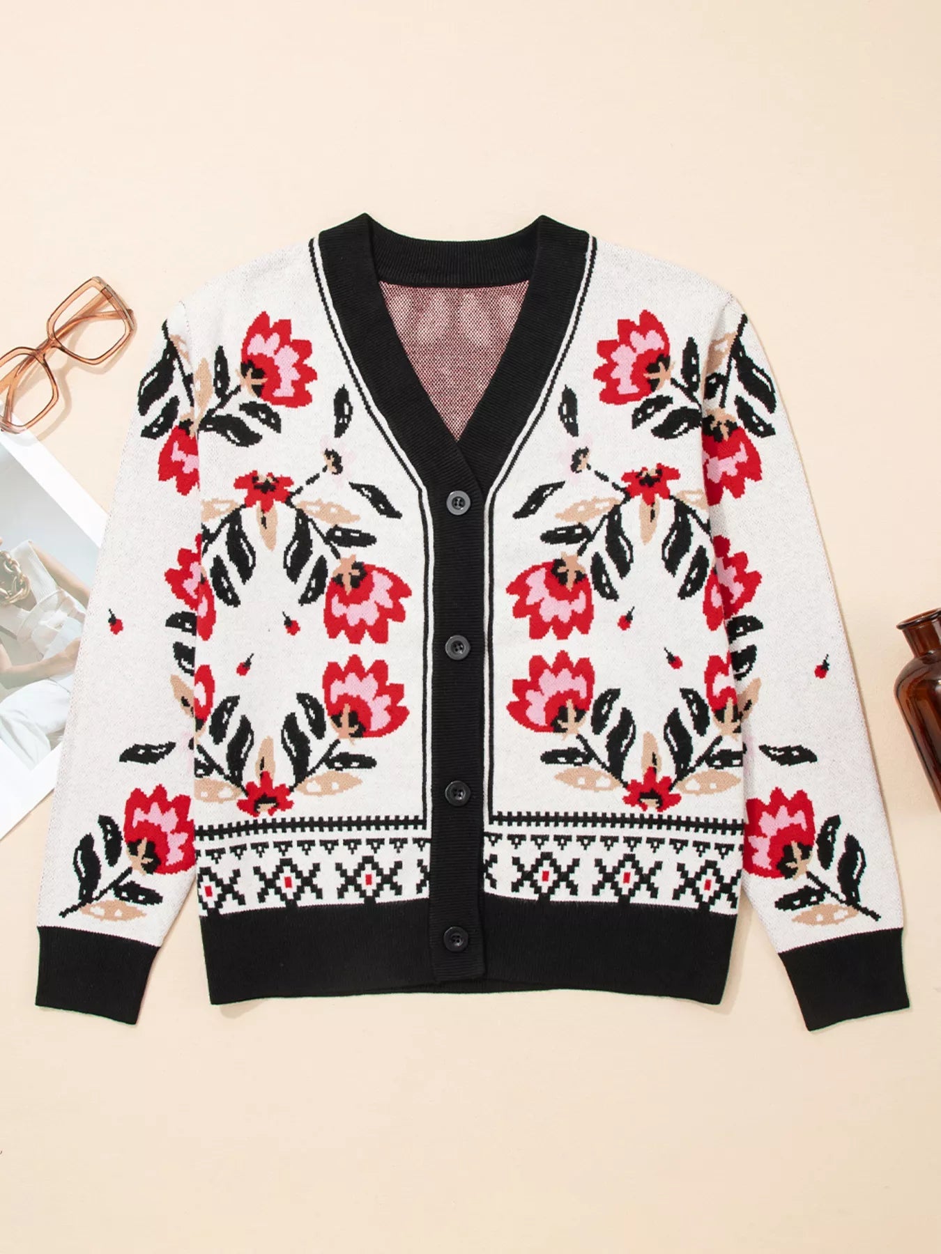 Floral Button Down Cardigan with Geometric Border 
