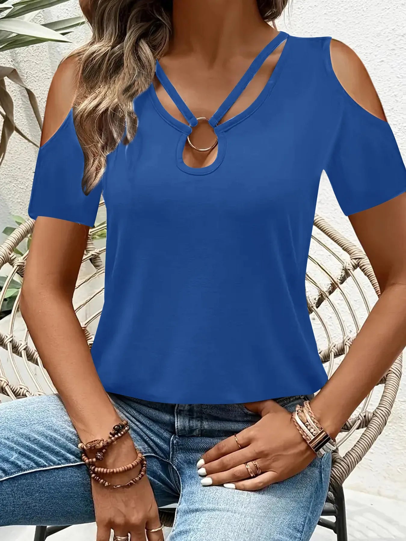 Cold Shoulder T-Shirt with Metal Ring Detail 