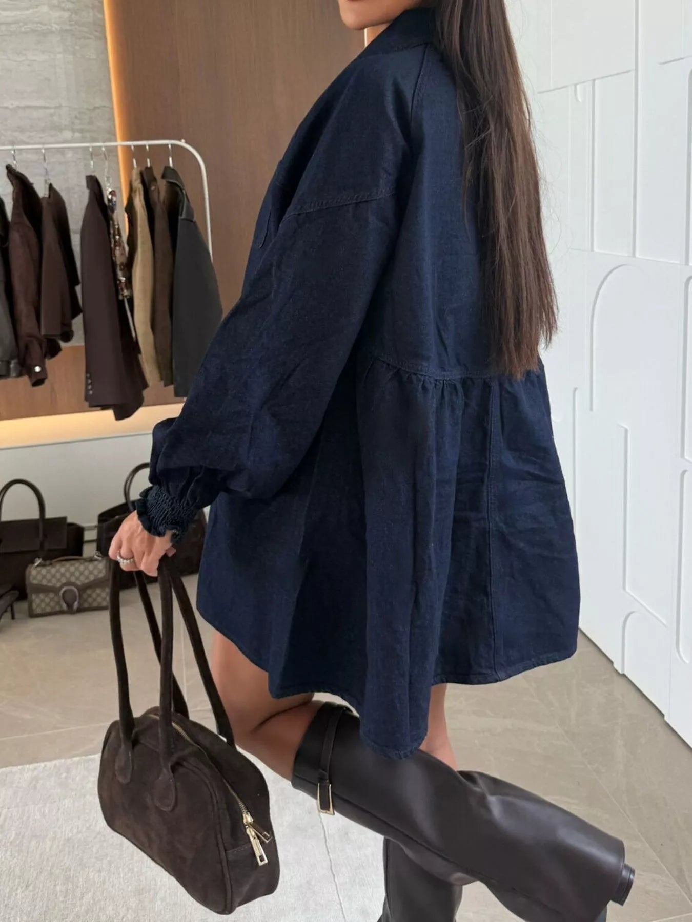 Button Down Mini Denim Dress with Front Pockets 