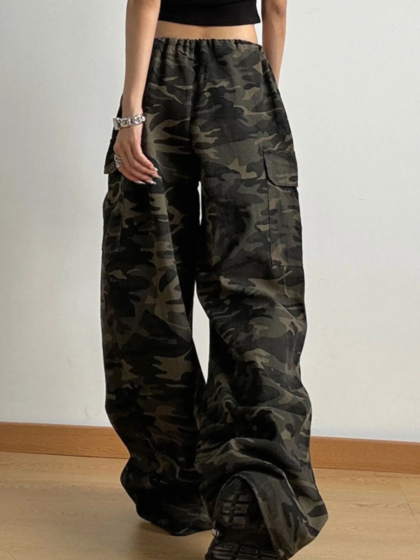 Drawstring Camouflage Cargo Wide Leg Jeans 