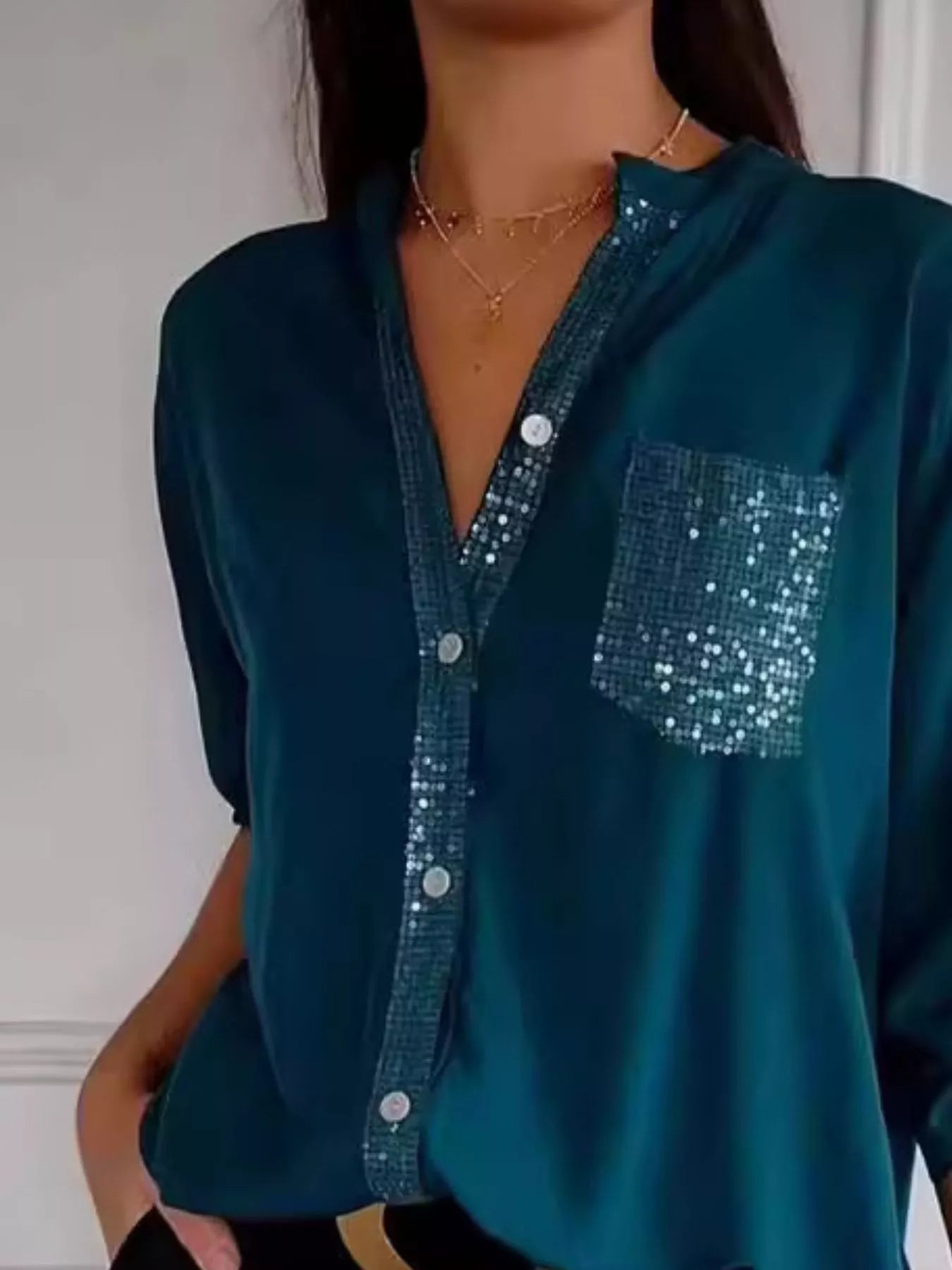 Full Size Sequin Detail Button-Down Shirt Plus Size 