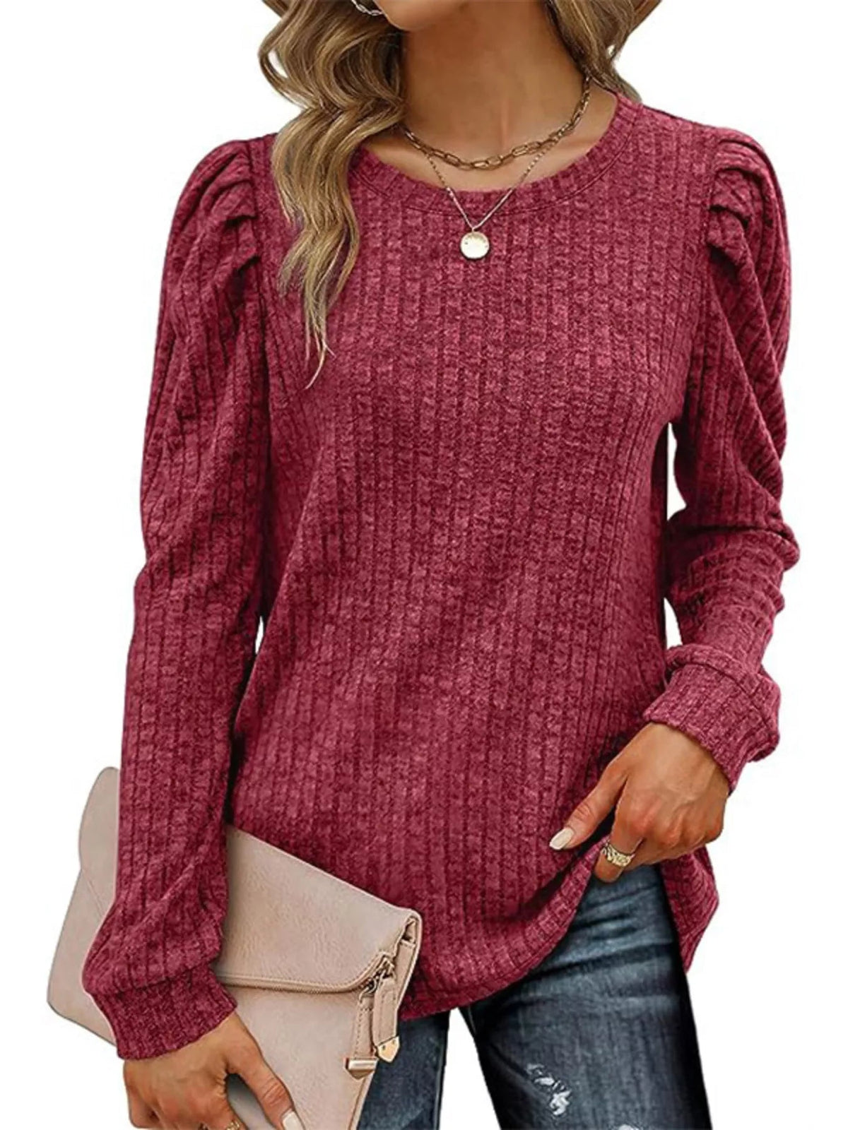 Ribbed Knit Top with Puff Sleeves 