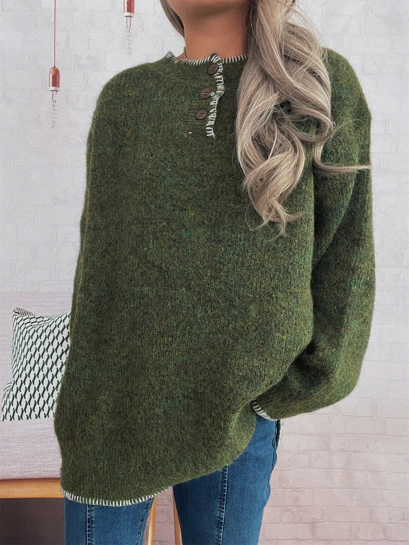 Ribbed Button Detail Long Sleeve Sweater 