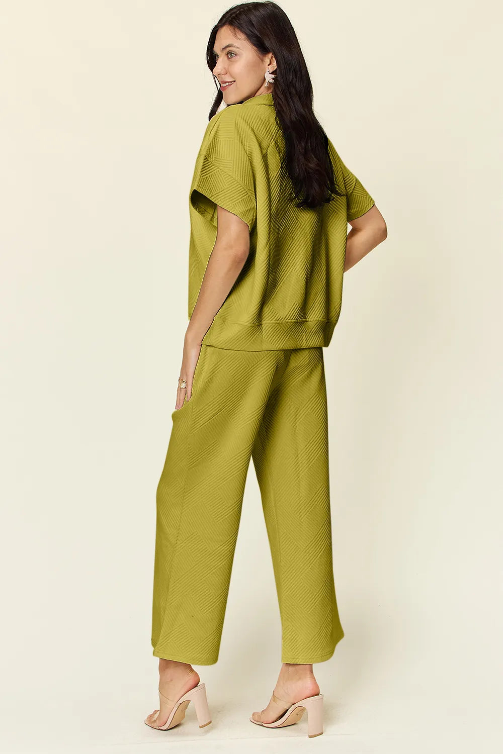 Double Take Full Size Texture Half Zip Short Sleeve Top and Pants Set 