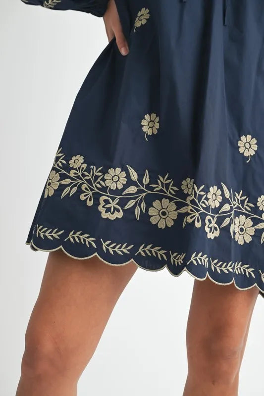 MABLE Embroidered Long Sleeve Peasant Mini Dress 