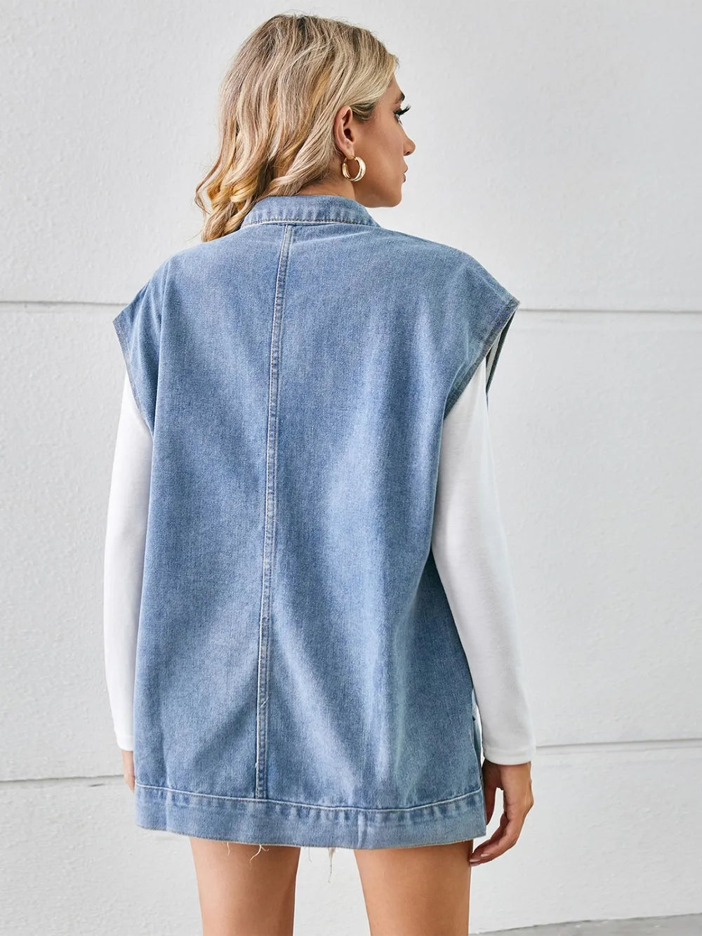 Pocketed Button Up Sleeveless Denim Jacket 