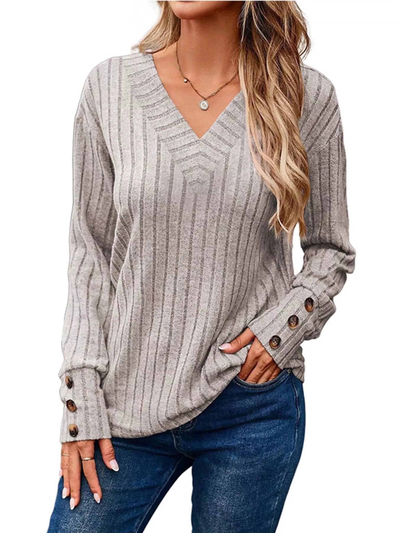 Ribbed V-Neck Long Sleeve Top 