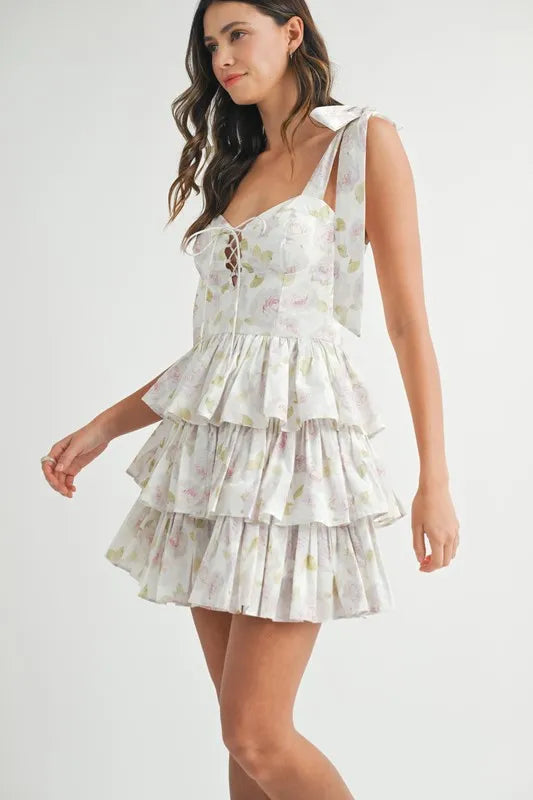 MABLE Floral Print Shoulder Tie Layered Mini Dress 