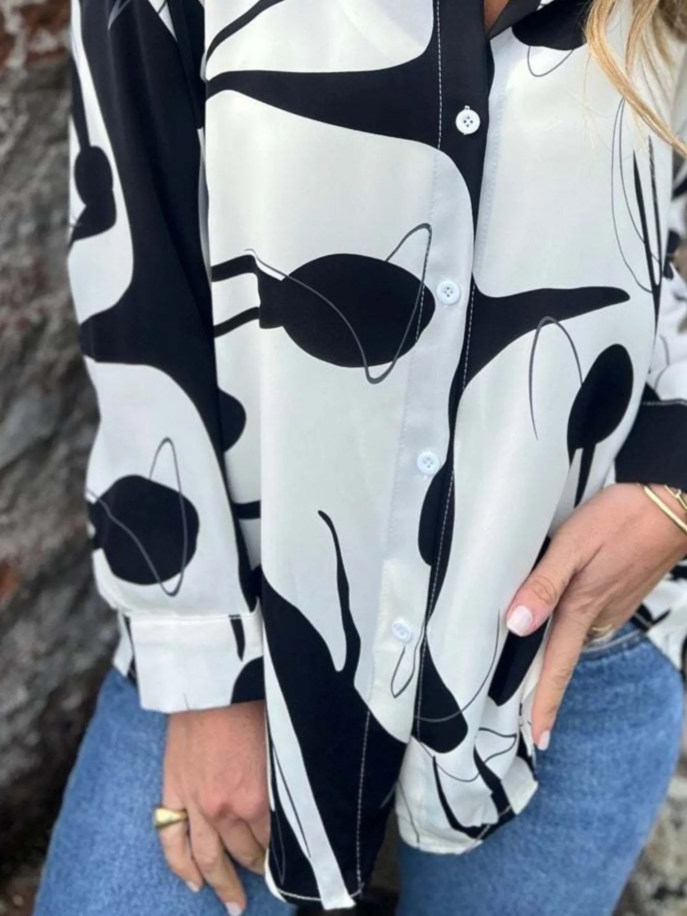 Full Size Abstract Print Long Sleeve Button-Up Shirt Plus Size 