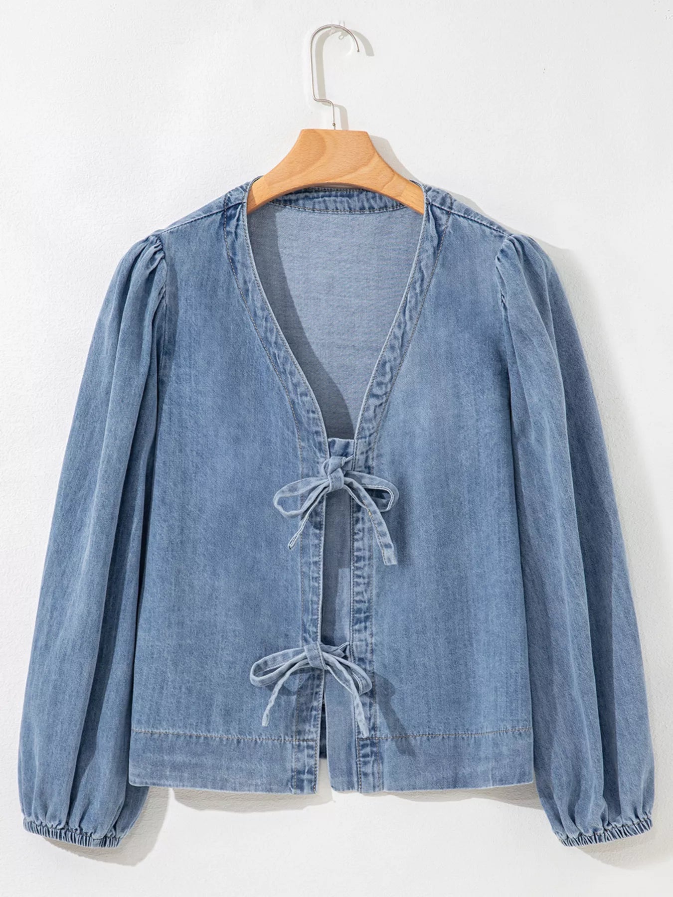 Tied Front Puff Sleeve Denim Top 