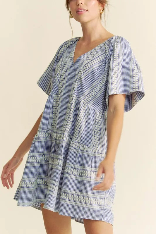 Davi & Dani Embroidered Stripe Ruffled Gingham Mini Dress 