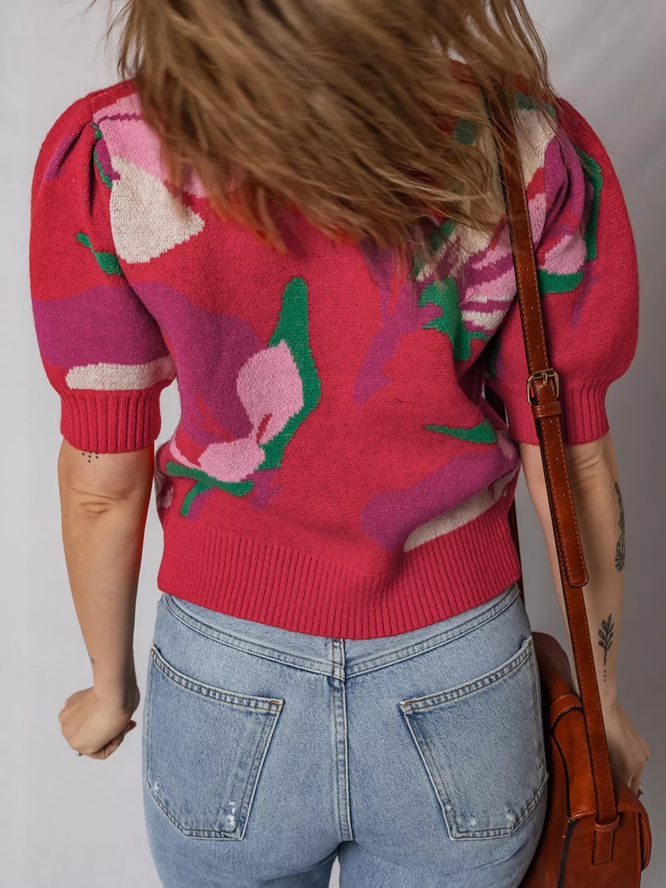 Floral Abstract Print Short Puff Sleeve Sweater 