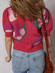 Floral Abstract Print Short Puff Sleeve Sweater 