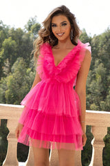 Ruffled V-Neck Sleeveless Mesh Dress 