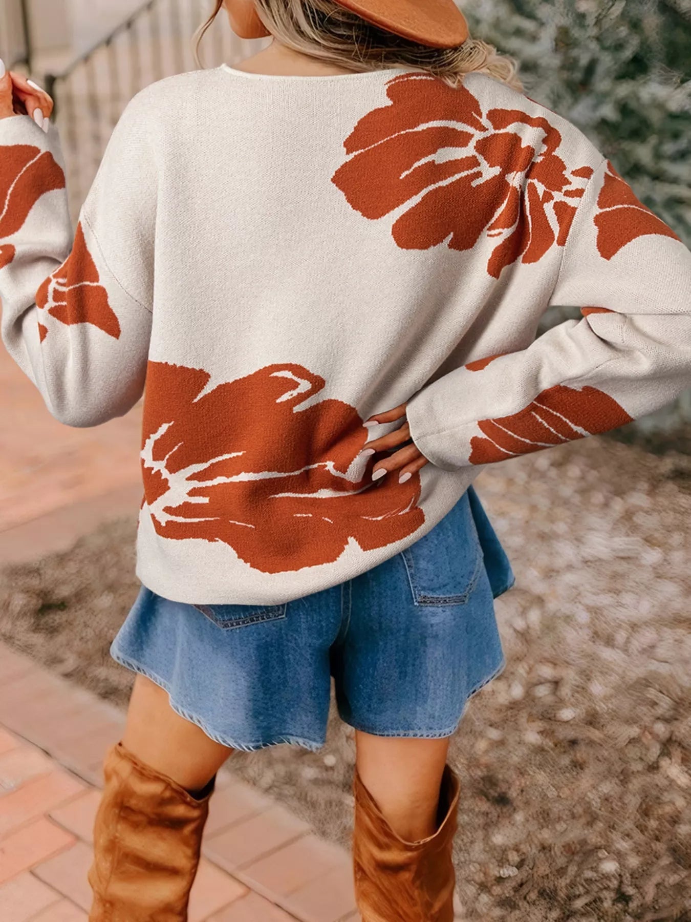 Flower Pattern Wide Sleeve Baggy Sweater 