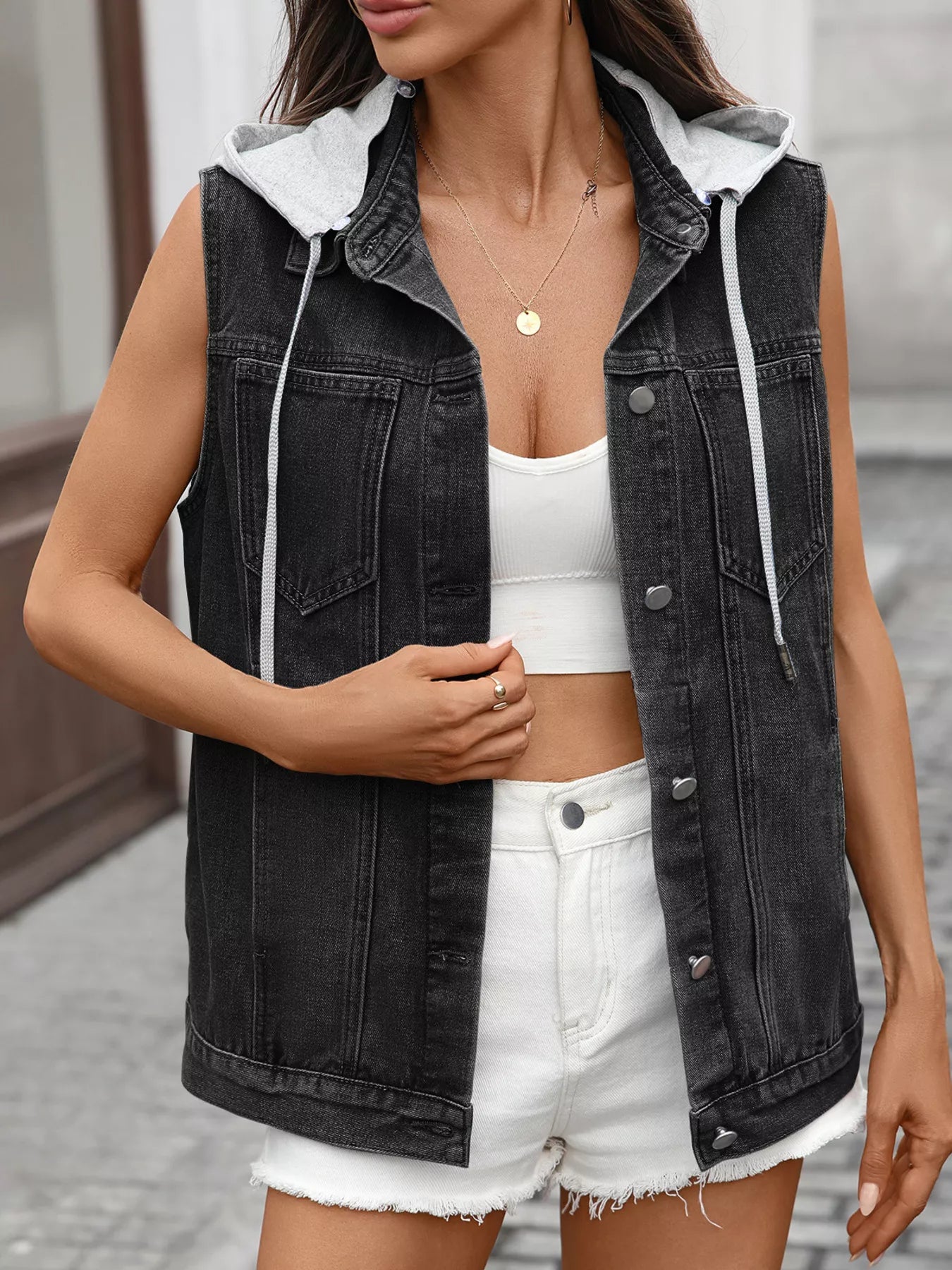 Button Up Removable Hooded Sleeveless Denim Jacket 