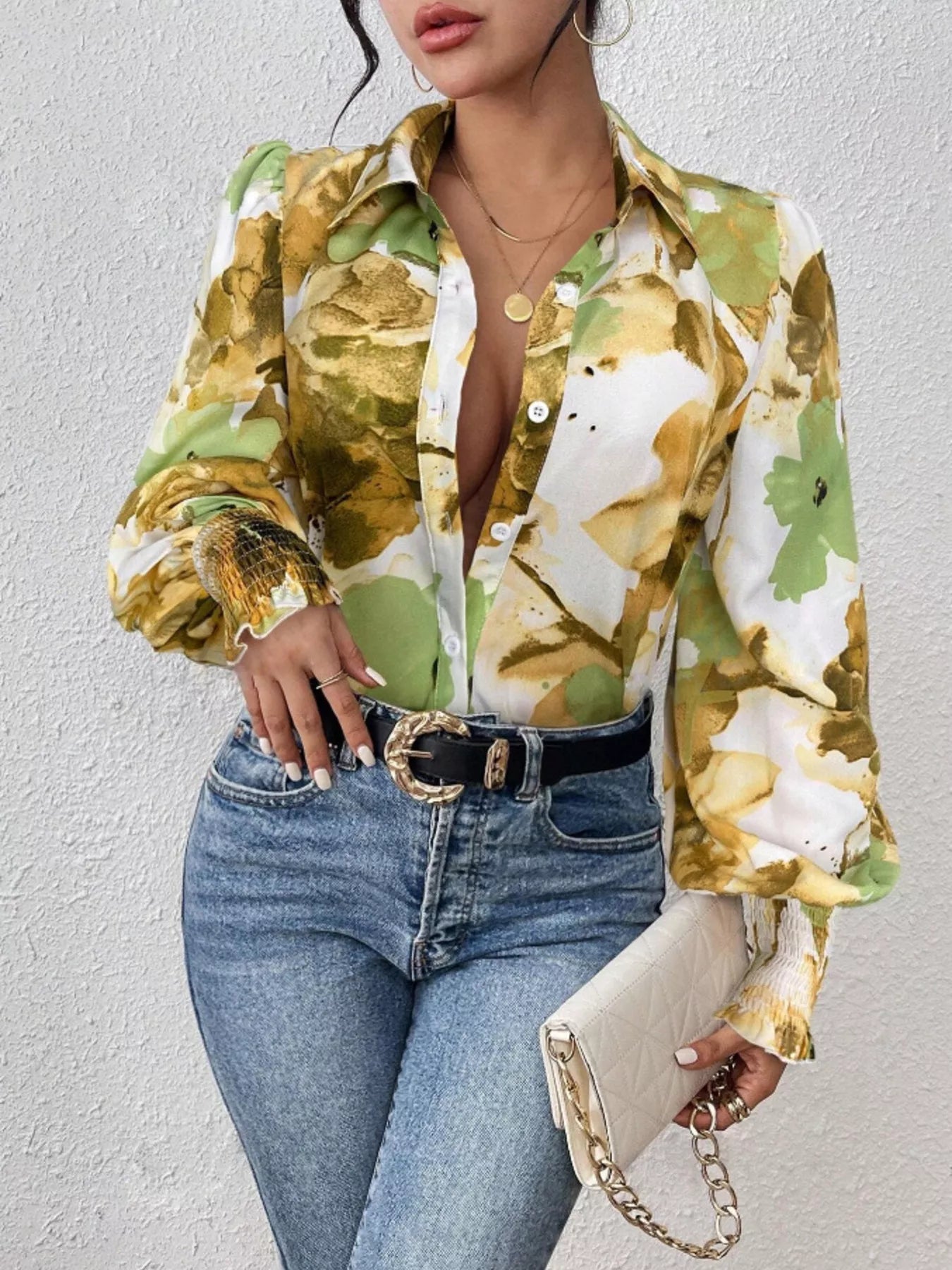 Printed Button Up Lantern Sleeve Shirt 