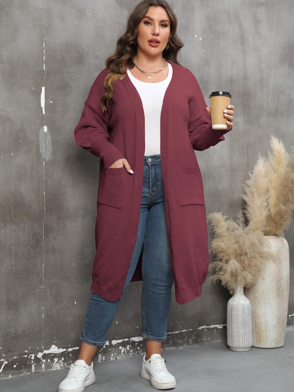 Plus Size Long Sleeve Pocketed Cardigan 