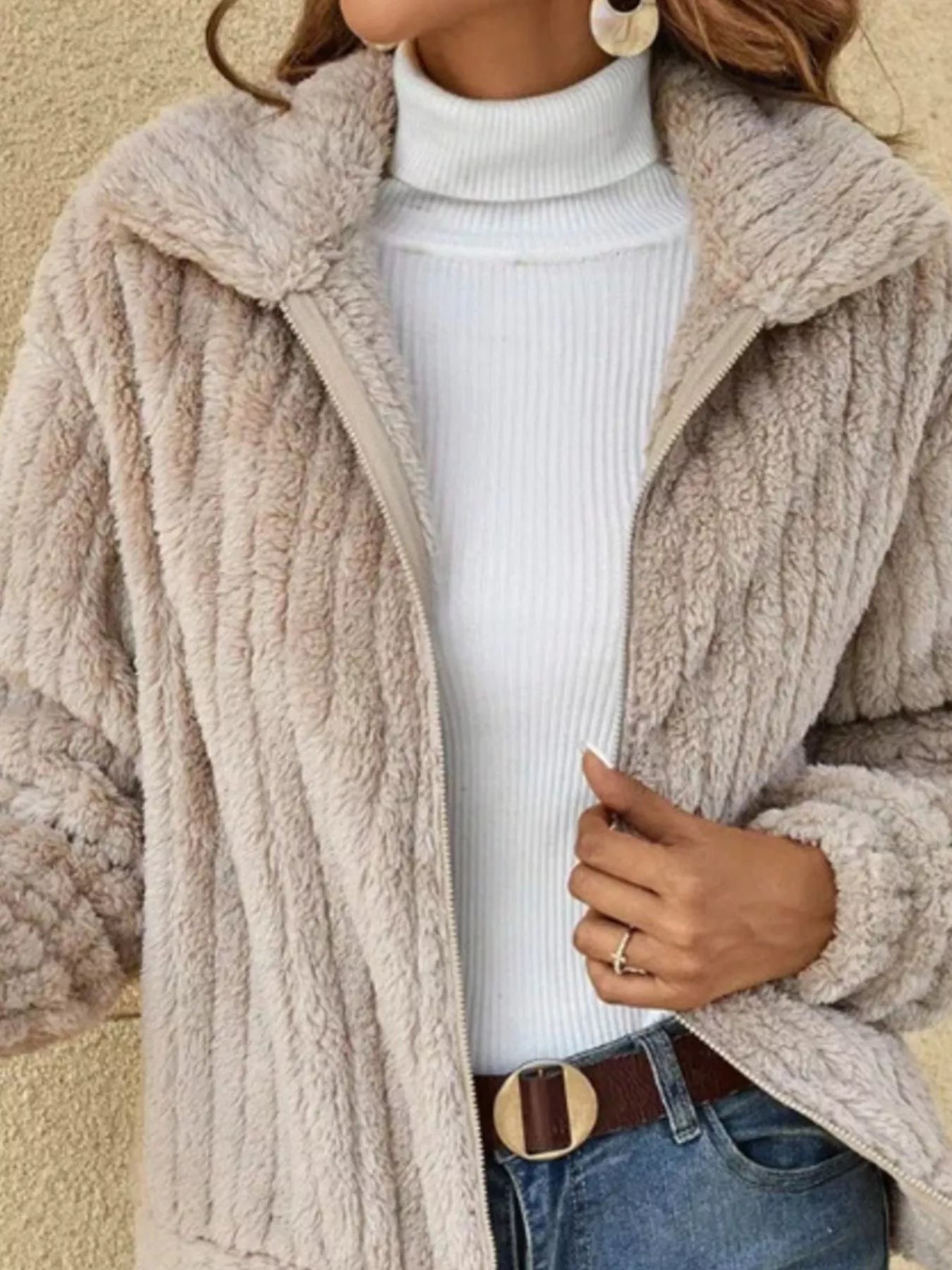 Full Size Zip-Up Long Sleeve Texture Jacket Plus Size 