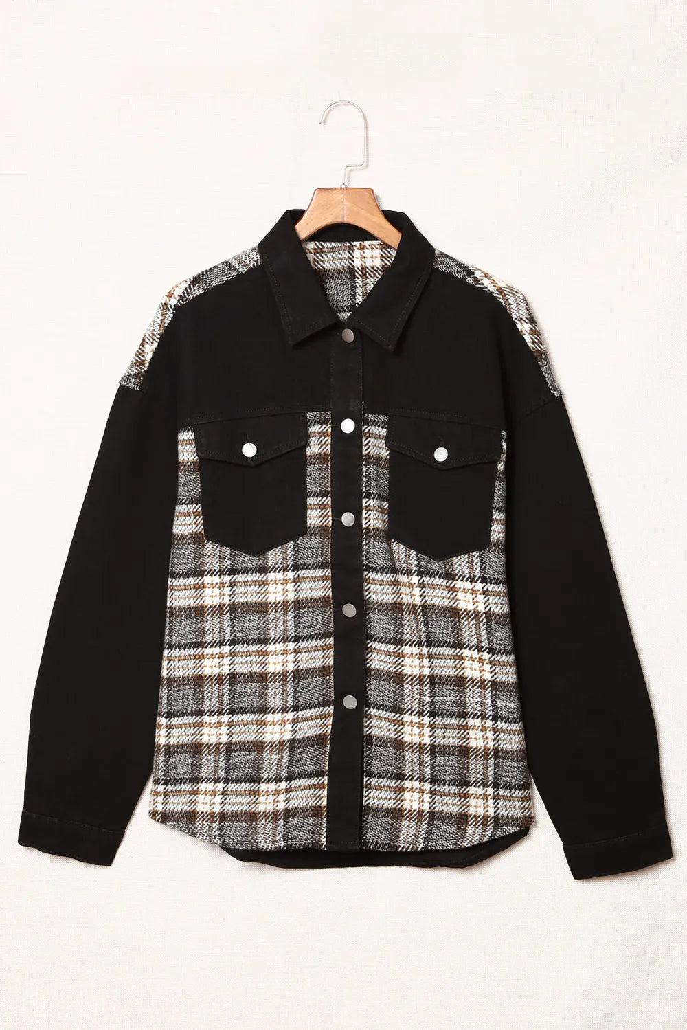 Plaid Pocketed Button Up Denim Jacket 