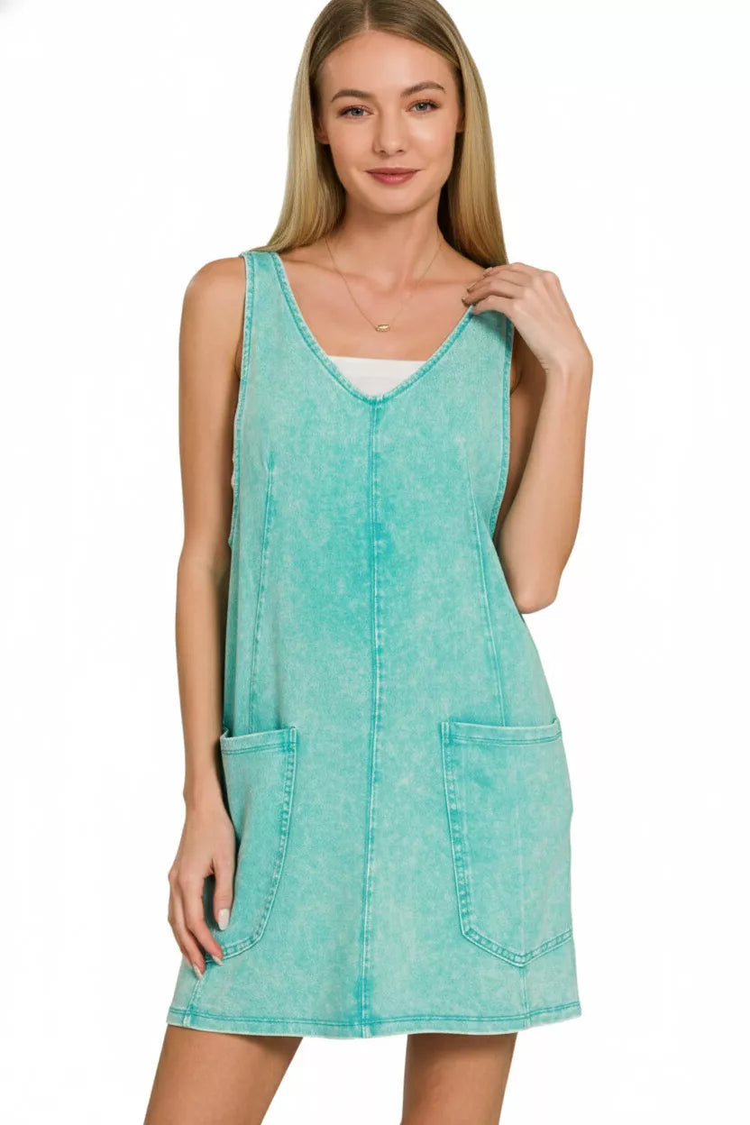 Zenana Acid Washed Overall Knit Mini Dress 