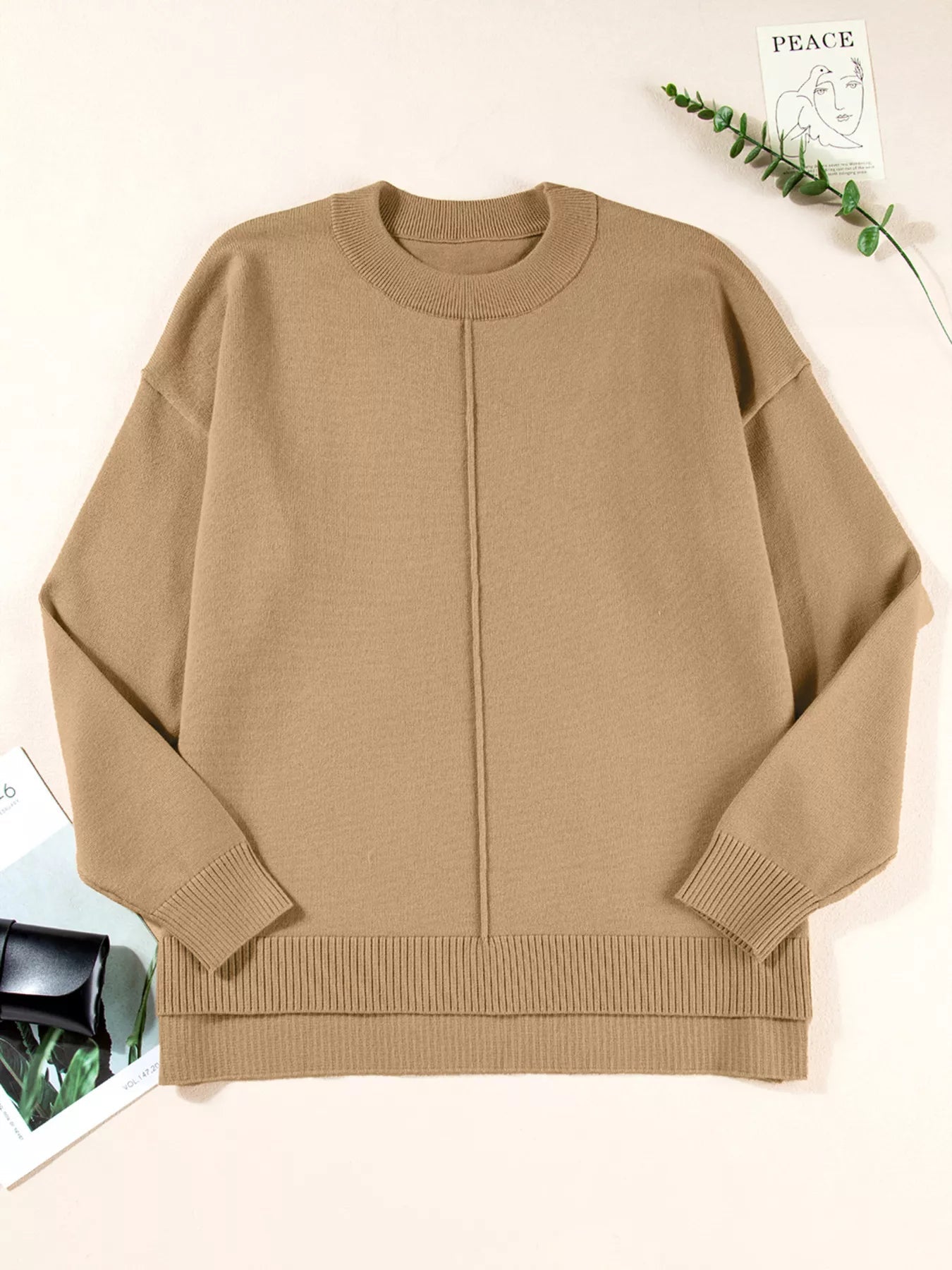 Center Seam Drop Shoulder Pullover Solid Sweater 