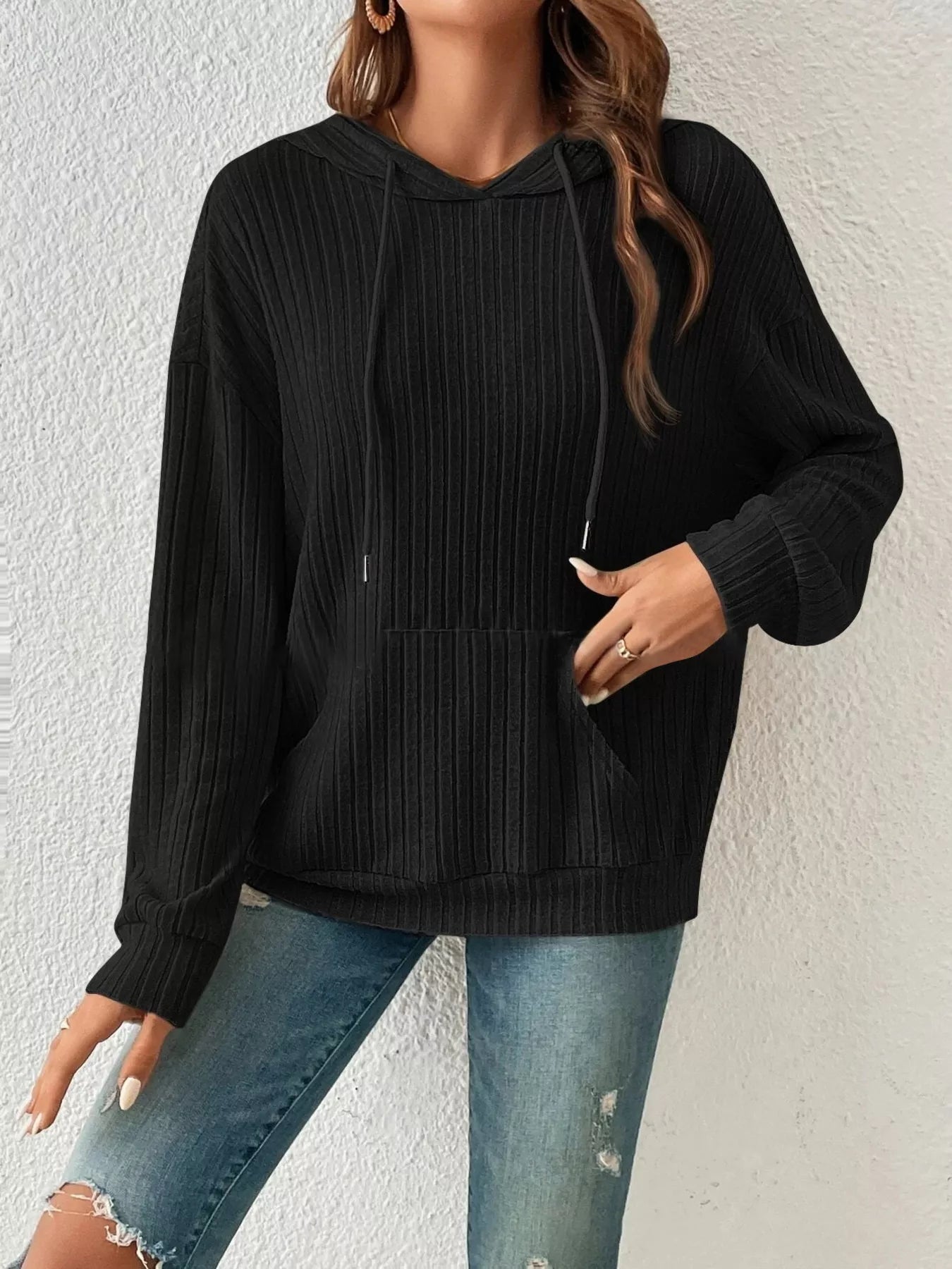Casual Ribbed Knit Drawstring Hoodie 