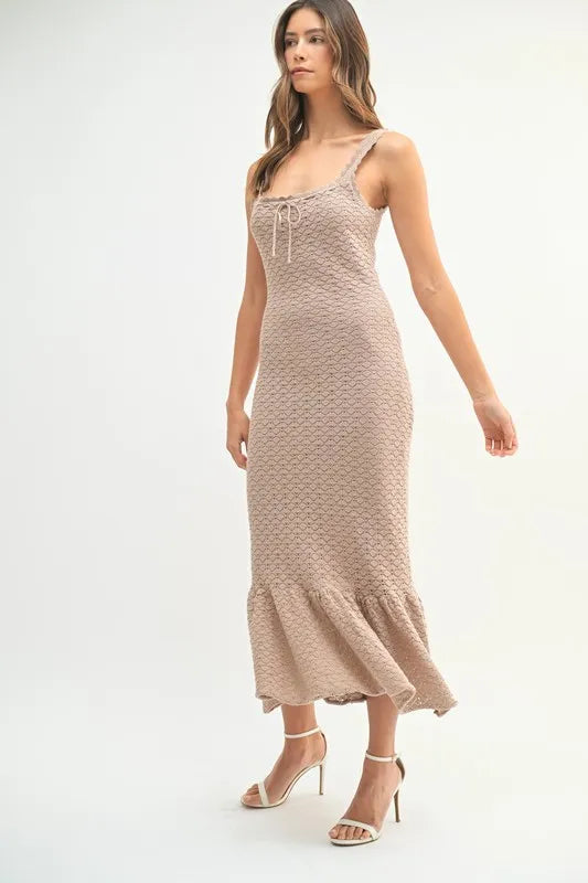 MABLE Ruffled Hem Sleeveless Crochet Knit Midi Dress 