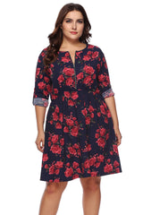 Plus Size Floral Print Half Zip Up Dress 