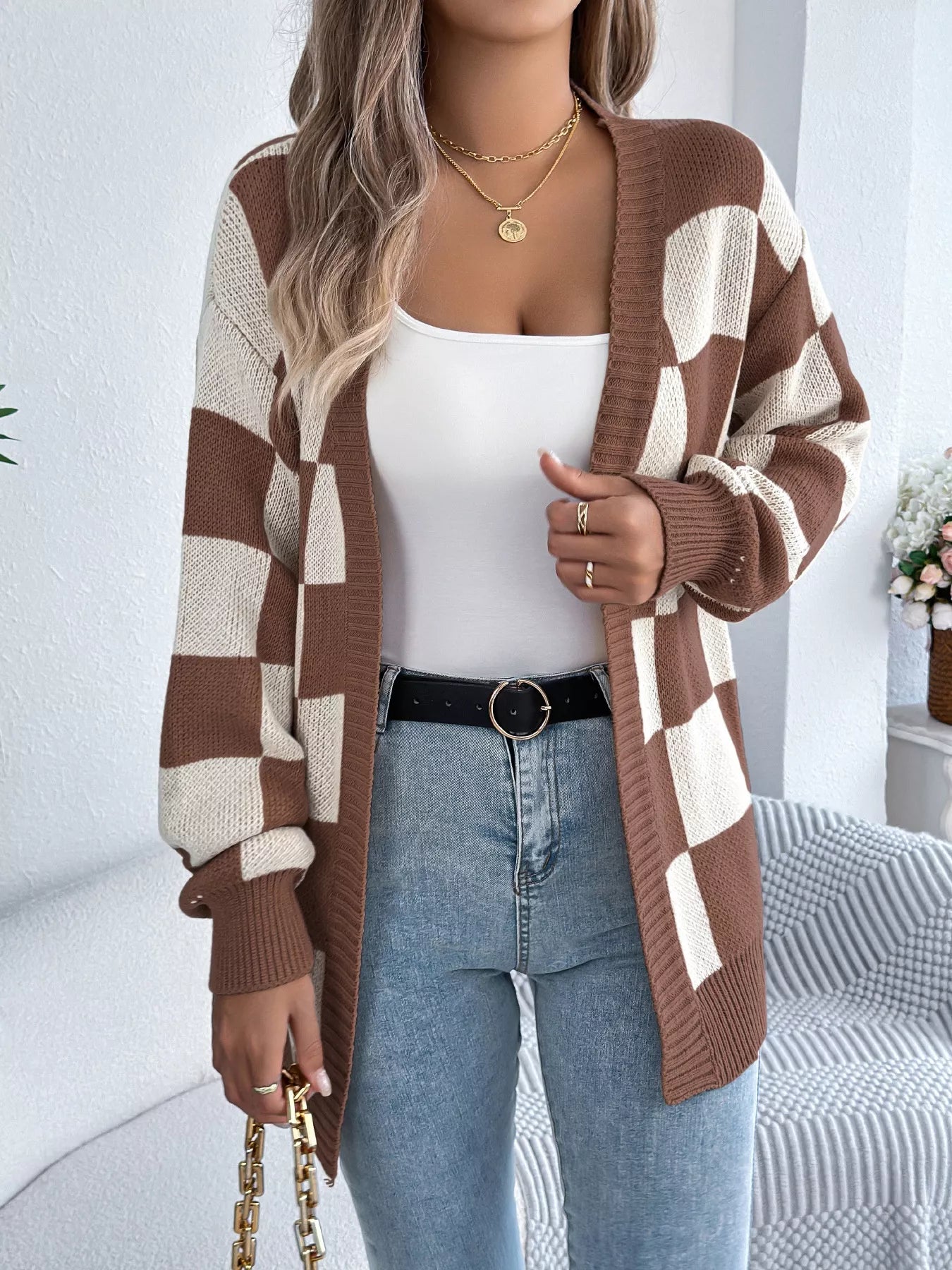 Checkered Pattern Open Front Cardigan 