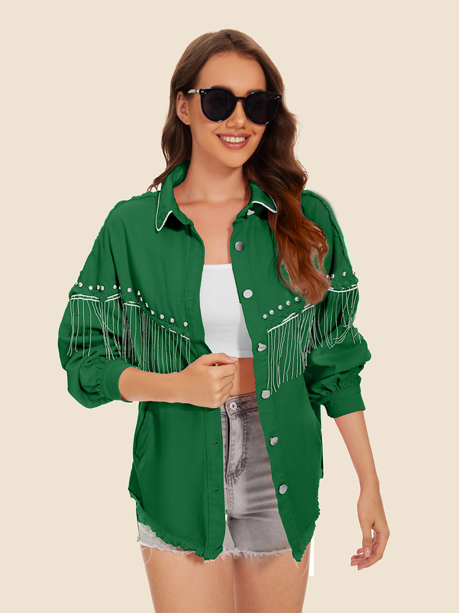 Raw Hem Fringe Detail Denim Jacket 