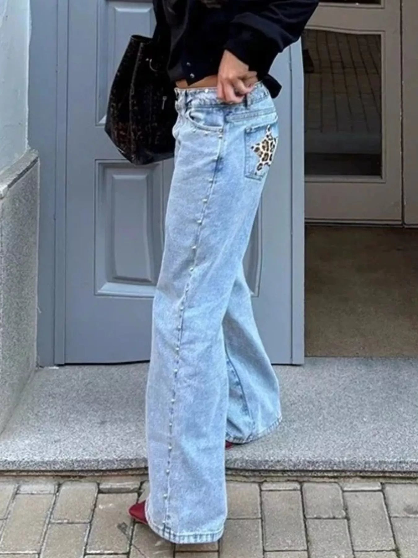 Leopard Star Patches Wide Leg Jeans 