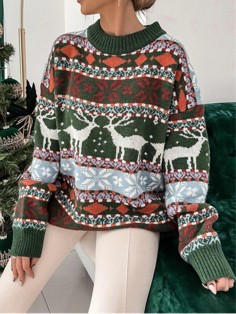 Geometric Round Neck Dropped Shoulder Sweater 