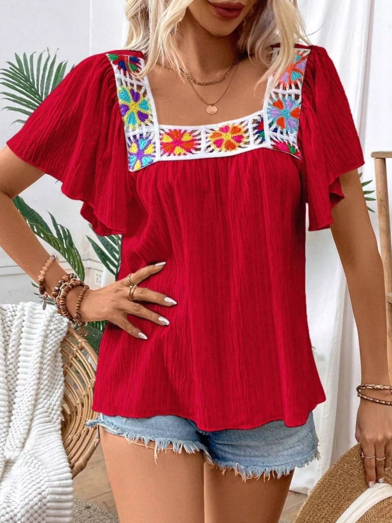Embroidered Square Neck Flutter Sleeve Blouse 